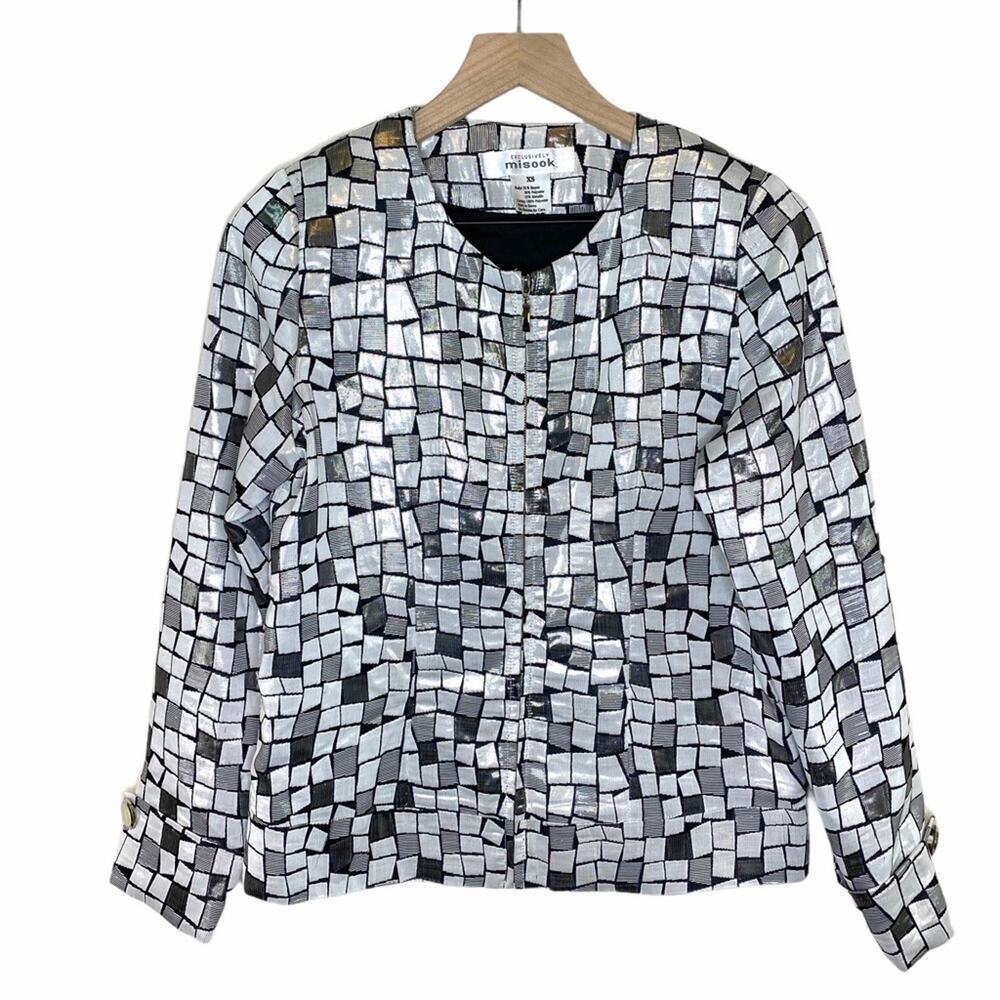 Misook Women’s Geometric Zip Front Blazer Size XS Contemporary Metallic